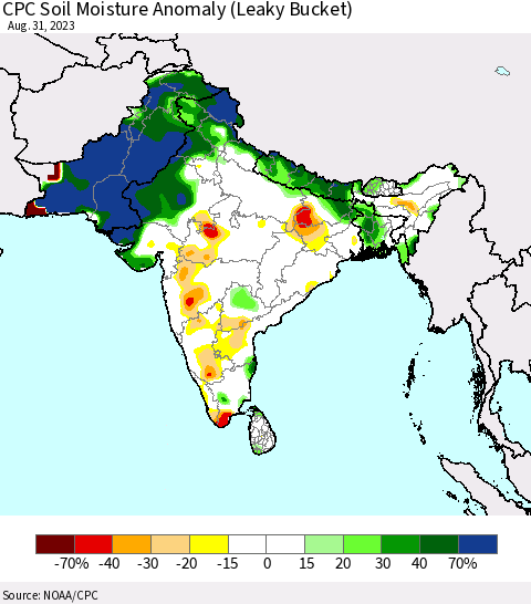 Southern Asia CPC Soil Moisture Anomaly (Leaky Bucket) Thematic Map For 8/26/2023 - 8/31/2023