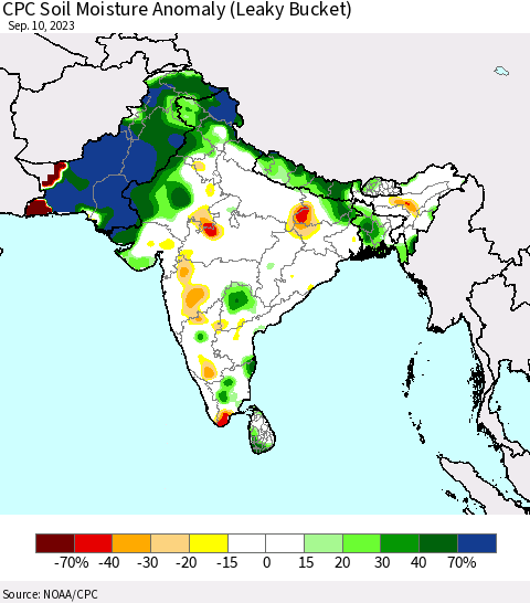 Southern Asia CPC Soil Moisture Anomaly (Leaky Bucket) Thematic Map For 9/6/2023 - 9/10/2023