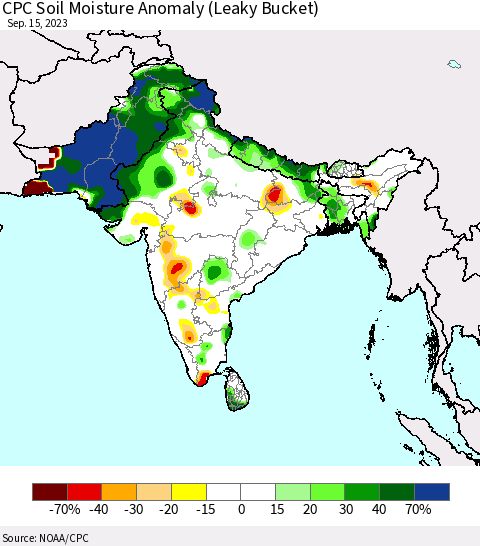 Southern Asia CPC Soil Moisture Anomaly (Leaky Bucket) Thematic Map For 9/11/2023 - 9/15/2023