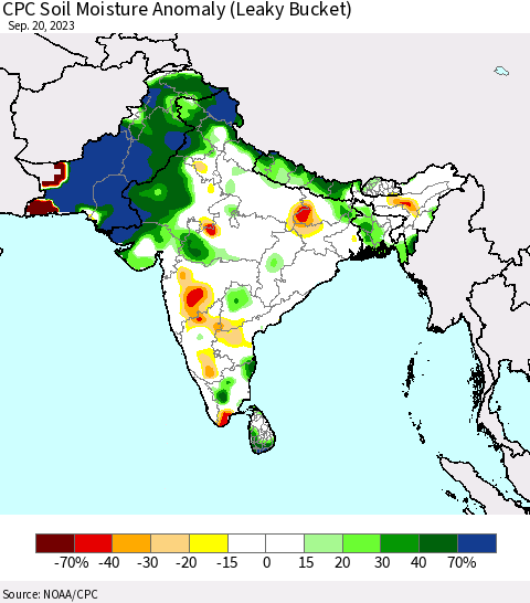 Southern Asia CPC Soil Moisture Anomaly (Leaky Bucket) Thematic Map For 9/16/2023 - 9/20/2023