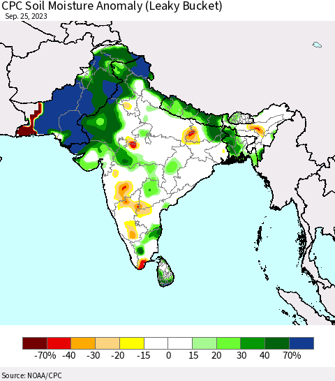 Southern Asia CPC Soil Moisture Anomaly (Leaky Bucket) Thematic Map For 9/21/2023 - 9/25/2023