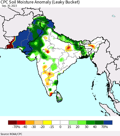 Southern Asia CPC Soil Moisture Anomaly (Leaky Bucket) Thematic Map For 9/26/2023 - 9/30/2023