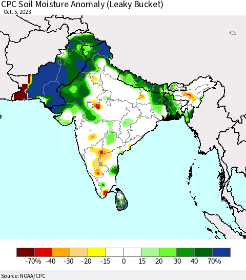 Southern Asia CPC Soil Moisture Anomaly (Leaky Bucket) Thematic Map For 10/1/2023 - 10/5/2023