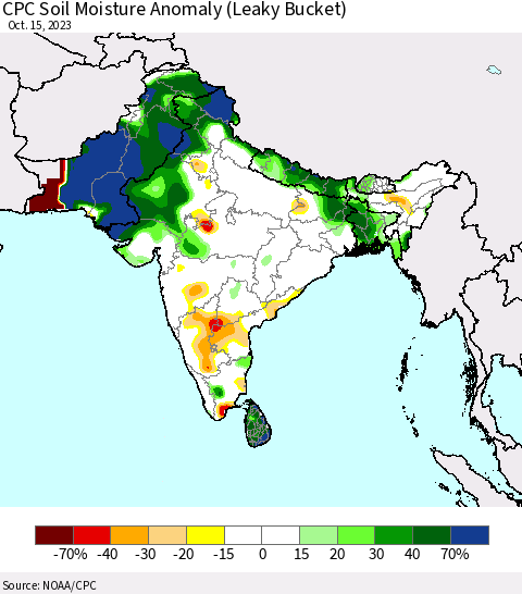 Southern Asia CPC Soil Moisture Anomaly (Leaky Bucket) Thematic Map For 10/11/2023 - 10/15/2023