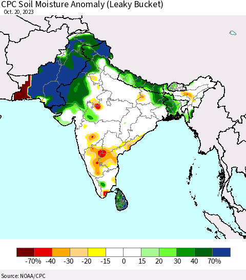Southern Asia CPC Soil Moisture Anomaly (Leaky Bucket) Thematic Map For 10/16/2023 - 10/20/2023