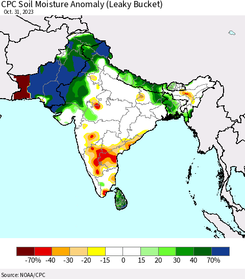 Southern Asia CPC Soil Moisture Anomaly (Leaky Bucket) Thematic Map For 10/26/2023 - 10/31/2023