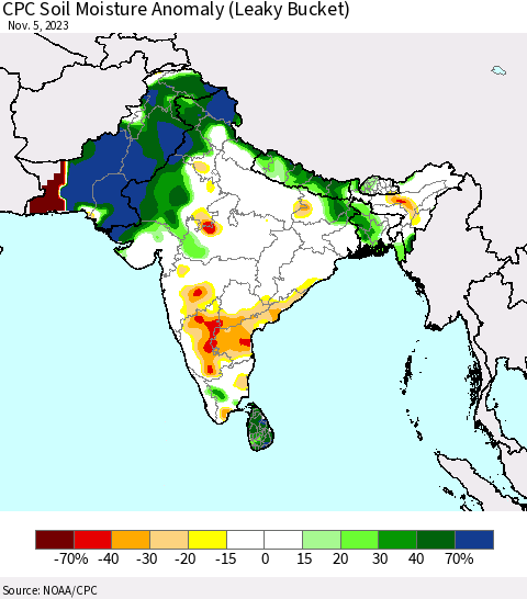 Southern Asia CPC Soil Moisture Anomaly (Leaky Bucket) Thematic Map For 11/1/2023 - 11/5/2023