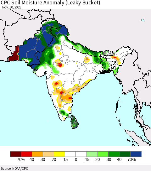 Southern Asia CPC Soil Moisture Anomaly (Leaky Bucket) Thematic Map For 11/6/2023 - 11/10/2023
