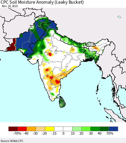 Southern Asia CPC Soil Moisture Anomaly (Leaky Bucket) Thematic Map For 11/16/2023 - 11/20/2023