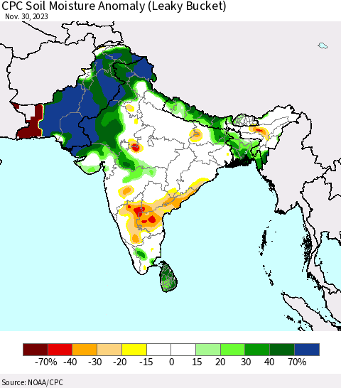 Southern Asia CPC Soil Moisture Anomaly (Leaky Bucket) Thematic Map For 11/26/2023 - 11/30/2023