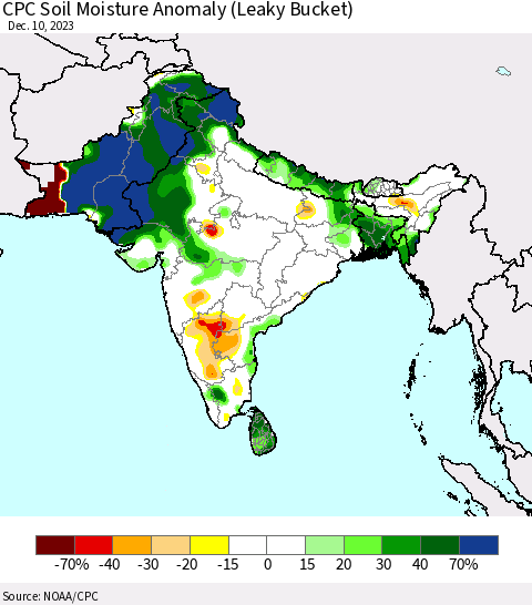Southern Asia CPC Soil Moisture Anomaly (Leaky Bucket) Thematic Map For 12/6/2023 - 12/10/2023
