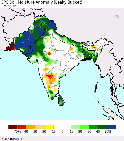 Southern Asia CPC Soil Moisture Anomaly (Leaky Bucket) Thematic Map For 12/16/2023 - 12/20/2023