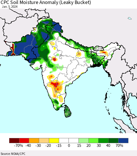 Southern Asia CPC Soil Moisture Anomaly (Leaky Bucket) Thematic Map For 1/1/2024 - 1/5/2024
