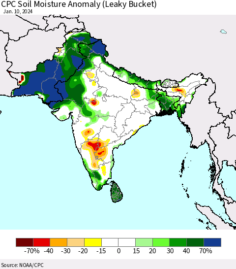 Southern Asia CPC Soil Moisture Anomaly (Leaky Bucket) Thematic Map For 1/6/2024 - 1/10/2024
