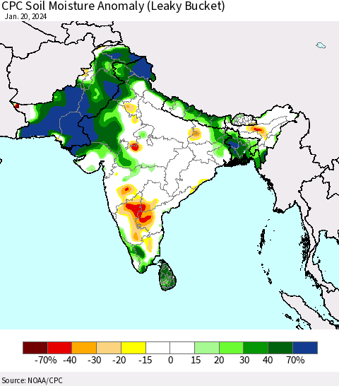 Southern Asia CPC Soil Moisture Anomaly (Leaky Bucket) Thematic Map For 1/16/2024 - 1/20/2024