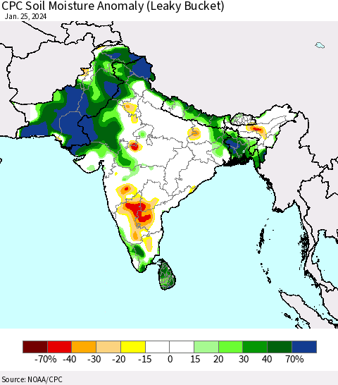 Southern Asia CPC Soil Moisture Anomaly (Leaky Bucket) Thematic Map For 1/21/2024 - 1/25/2024