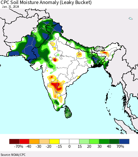 Southern Asia CPC Soil Moisture Anomaly (Leaky Bucket) Thematic Map For 1/26/2024 - 1/31/2024
