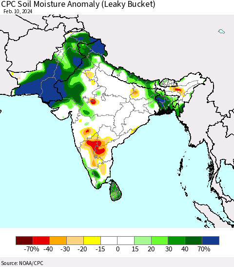 Southern Asia CPC Soil Moisture Anomaly (Leaky Bucket) Thematic Map For 2/6/2024 - 2/10/2024