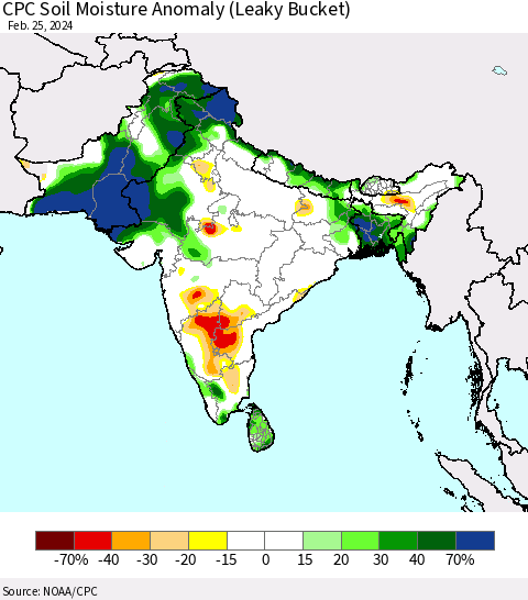 Southern Asia CPC Soil Moisture Anomaly (Leaky Bucket) Thematic Map For 2/21/2024 - 2/25/2024
