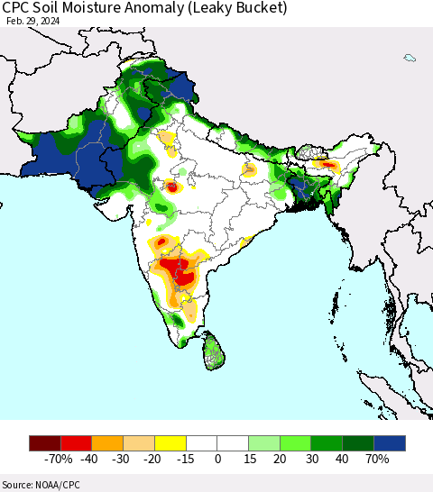 Southern Asia CPC Soil Moisture Anomaly (Leaky Bucket) Thematic Map For 2/26/2024 - 2/29/2024