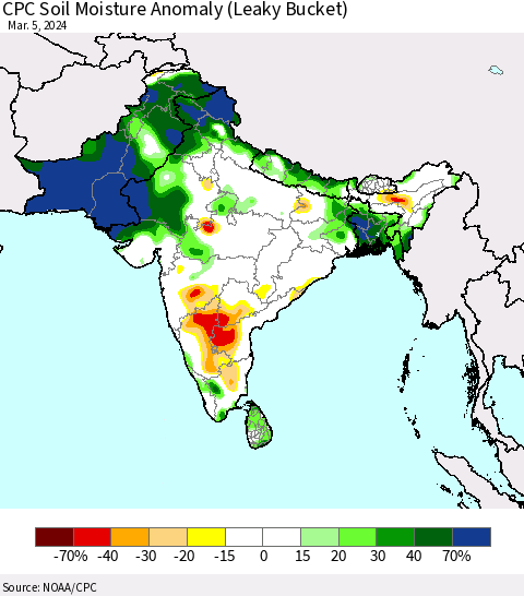 Southern Asia CPC Soil Moisture Anomaly (Leaky Bucket) Thematic Map For 3/1/2024 - 3/5/2024