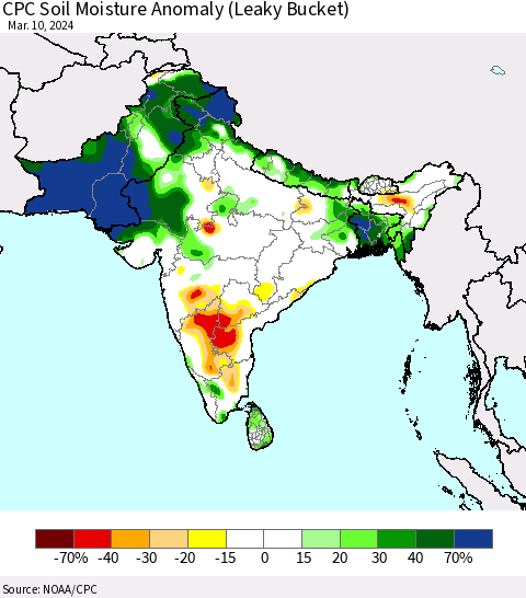 Southern Asia CPC Soil Moisture Anomaly (Leaky Bucket) Thematic Map For 3/6/2024 - 3/10/2024