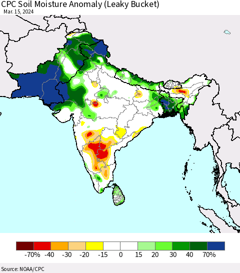 Southern Asia CPC Soil Moisture Anomaly (Leaky Bucket) Thematic Map For 3/11/2024 - 3/15/2024