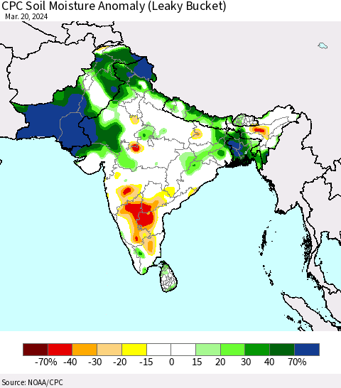 Southern Asia CPC Soil Moisture Anomaly (Leaky Bucket) Thematic Map For 3/16/2024 - 3/20/2024