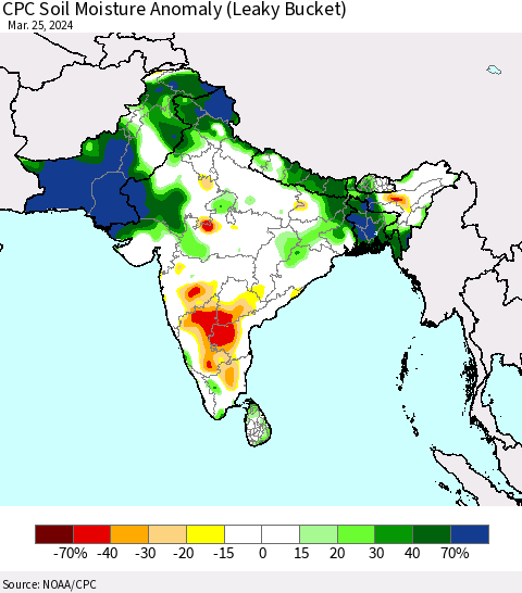Southern Asia CPC Soil Moisture Anomaly (Leaky Bucket) Thematic Map For 3/21/2024 - 3/25/2024