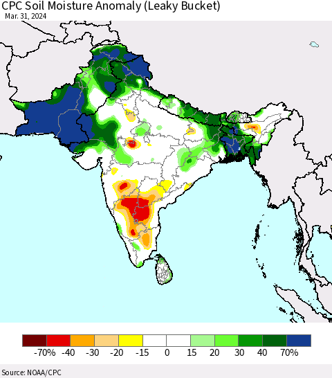 Southern Asia CPC Soil Moisture Anomaly (Leaky Bucket) Thematic Map For 3/26/2024 - 3/31/2024