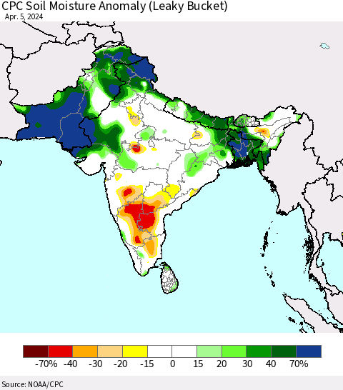 Southern Asia CPC Soil Moisture Anomaly (Leaky Bucket) Thematic Map For 4/1/2024 - 4/5/2024