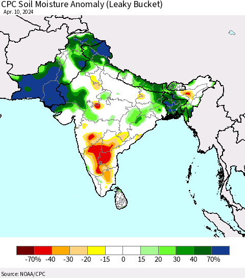 Southern Asia CPC Soil Moisture Anomaly (Leaky Bucket) Thematic Map For 4/6/2024 - 4/10/2024