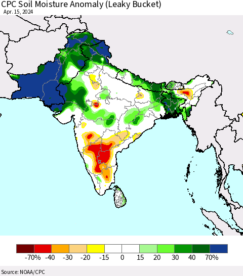 Southern Asia CPC Soil Moisture Anomaly (Leaky Bucket) Thematic Map For 4/11/2024 - 4/15/2024