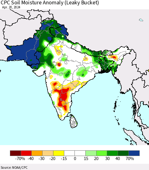 Southern Asia CPC Soil Moisture Anomaly (Leaky Bucket) Thematic Map For 4/16/2024 - 4/20/2024