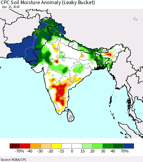 Southern Asia CPC Soil Moisture Anomaly (Leaky Bucket) Thematic Map For 4/21/2024 - 4/25/2024