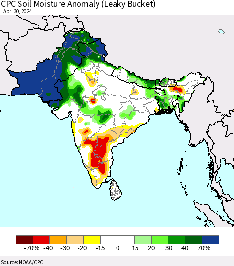 Southern Asia CPC Soil Moisture Anomaly (Leaky Bucket) Thematic Map For 4/26/2024 - 4/30/2024