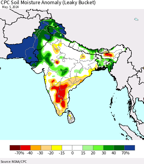 Southern Asia CPC Soil Moisture Anomaly (Leaky Bucket) Thematic Map For 5/1/2024 - 5/5/2024