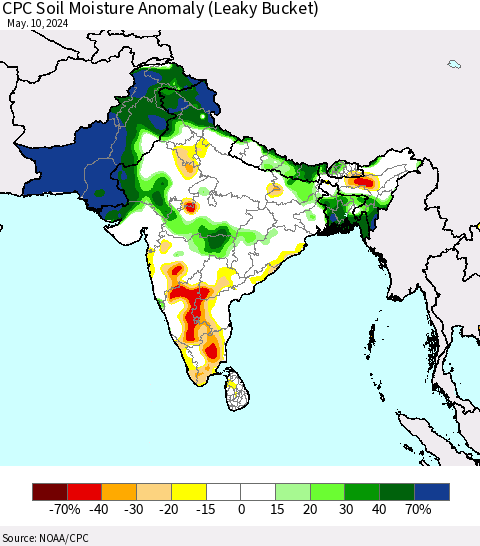 Southern Asia CPC Soil Moisture Anomaly (Leaky Bucket) Thematic Map For 5/6/2024 - 5/10/2024