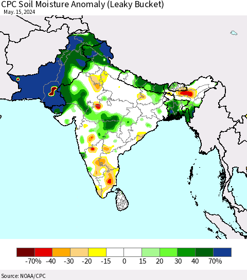 Southern Asia CPC Soil Moisture Anomaly (Leaky Bucket) Thematic Map For 5/11/2024 - 5/15/2024