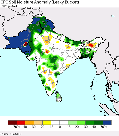 Southern Asia CPC Soil Moisture Anomaly (Leaky Bucket) Thematic Map For 5/16/2024 - 5/20/2024