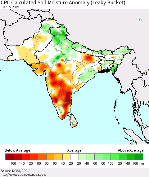 Southern Asia CPC Soil Moisture Departure from Normal (Leaky Bucket) Thematic Map For 1/1/2019 - 1/5/2019