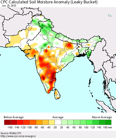 Southern Asia CPC Soil Moisture Departure from Normal (Leaky Bucket) Thematic Map For 1/16/2019 - 1/20/2019