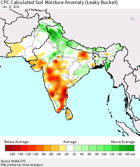 Southern Asia CPC Soil Moisture Departure from Normal (Leaky Bucket) Thematic Map For 1/26/2019 - 1/31/2019
