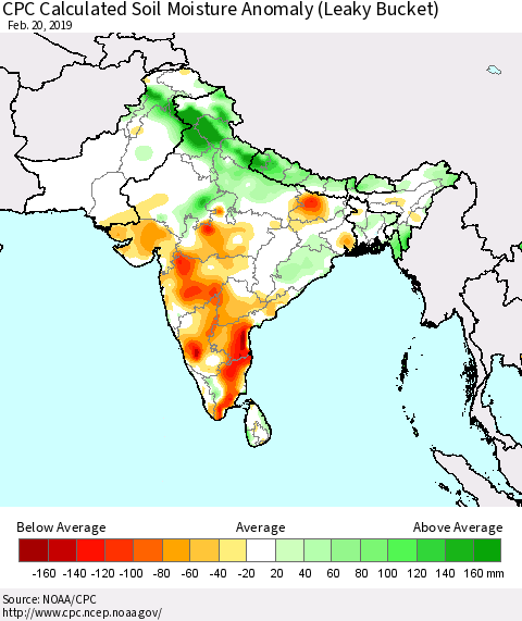 Southern Asia CPC Soil Moisture Departure from Normal (Leaky Bucket) Thematic Map For 2/16/2019 - 2/20/2019