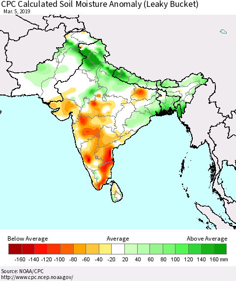 Southern Asia CPC Soil Moisture Departure from Normal (Leaky Bucket) Thematic Map For 3/1/2019 - 3/5/2019