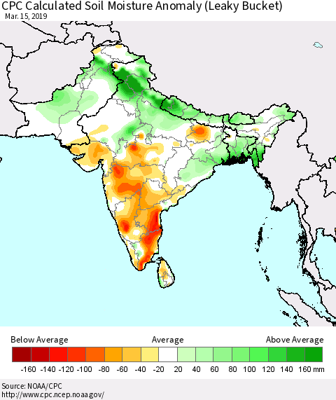 Southern Asia CPC Soil Moisture Departure from Normal (Leaky Bucket) Thematic Map For 3/11/2019 - 3/15/2019