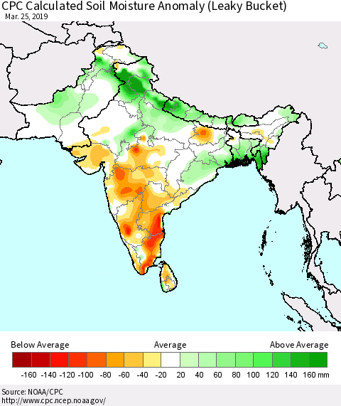 Southern Asia CPC Soil Moisture Departure from Normal (Leaky Bucket) Thematic Map For 3/21/2019 - 3/25/2019