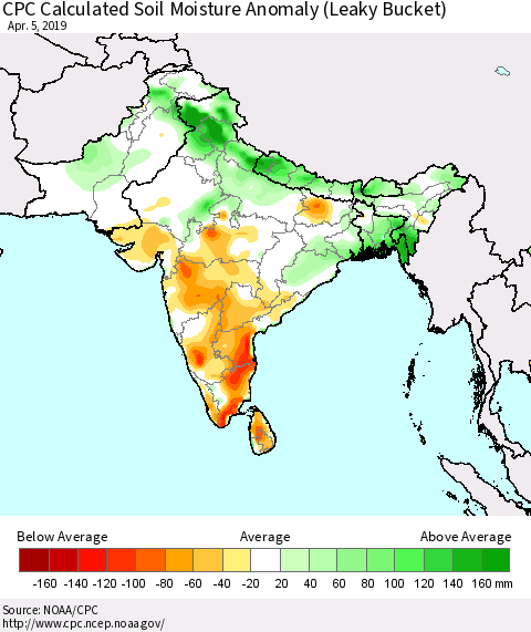 Southern Asia CPC Soil Moisture Departure from Normal (Leaky Bucket) Thematic Map For 4/1/2019 - 4/5/2019