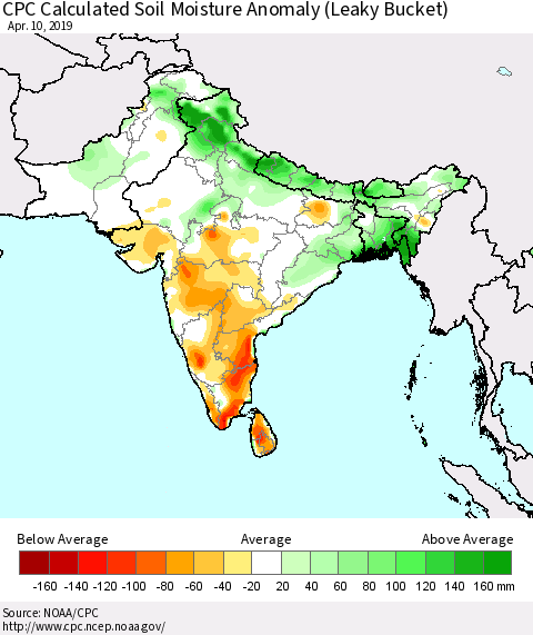 Southern Asia CPC Soil Moisture Departure from Normal (Leaky Bucket) Thematic Map For 4/6/2019 - 4/10/2019
