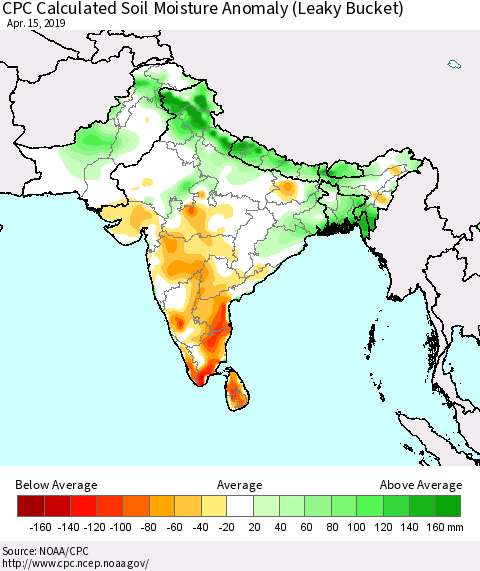 Southern Asia CPC Soil Moisture Departure from Normal (Leaky Bucket) Thematic Map For 4/11/2019 - 4/15/2019